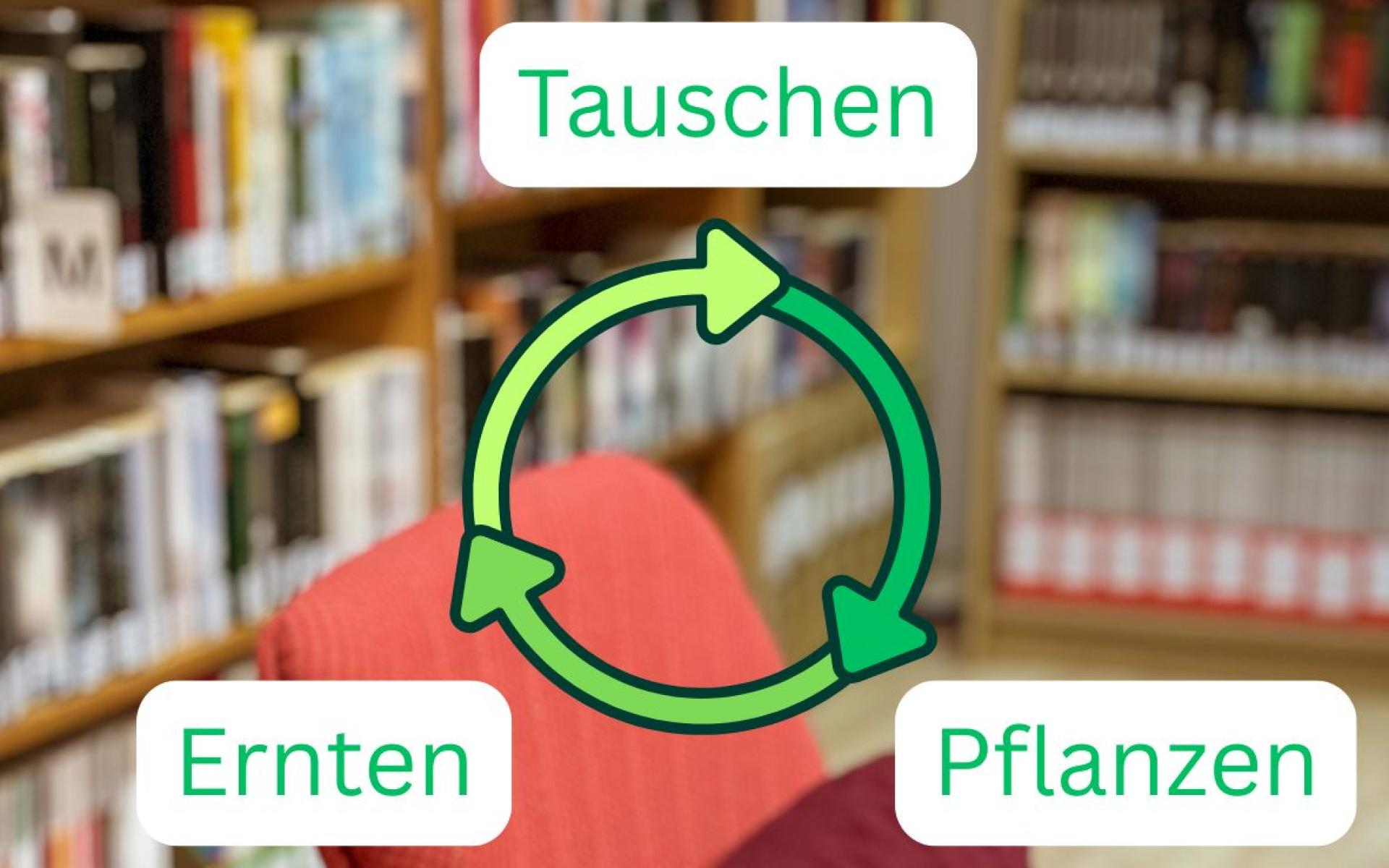 Saatgutbibliothek mit einer Kreiselaufgrafik: "Pflanzen", "Ernten", "Tauschen"